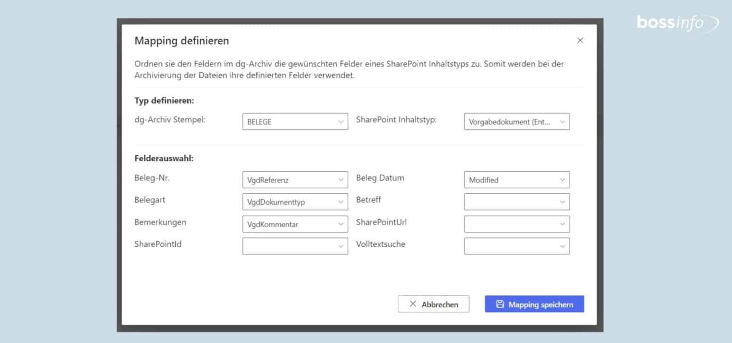 Mittels Mapping der SharePoint Metadaten mit den bossDMS Metadaten lassen sich Dokumente entsprechend automatisiert archivieren.