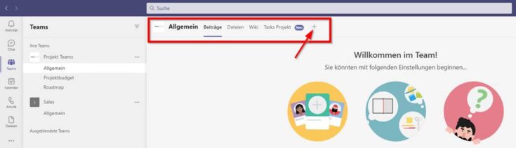 Neue Registerkarte und Apps in MS Teams